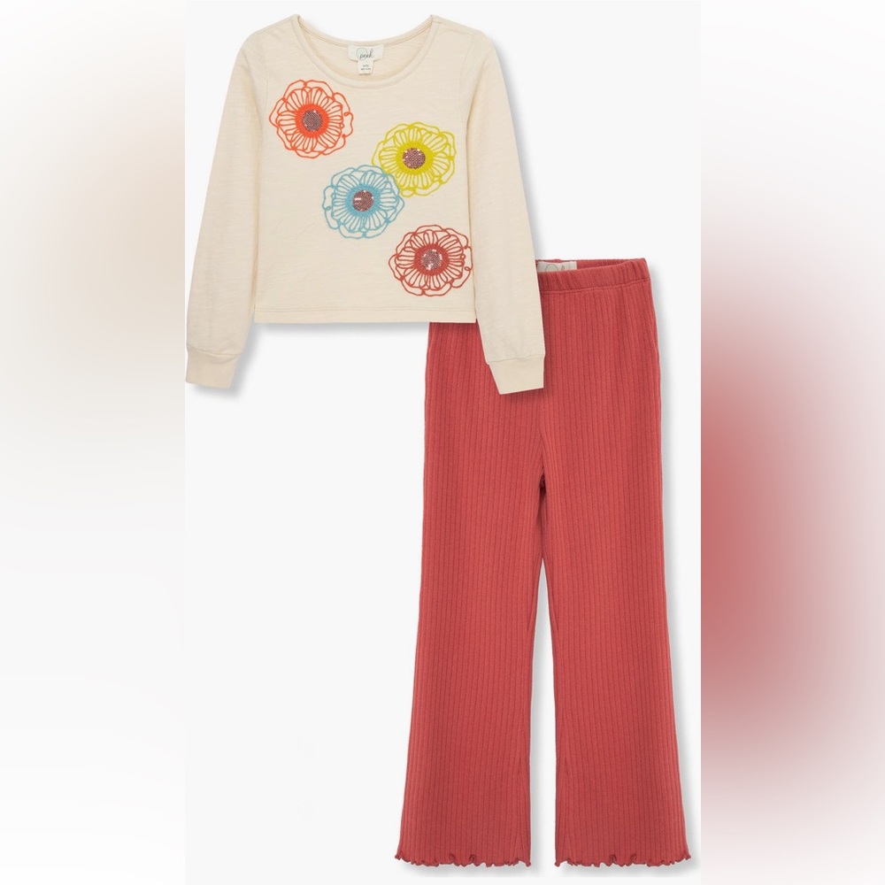 Floral Cream Top and Red Pants Set